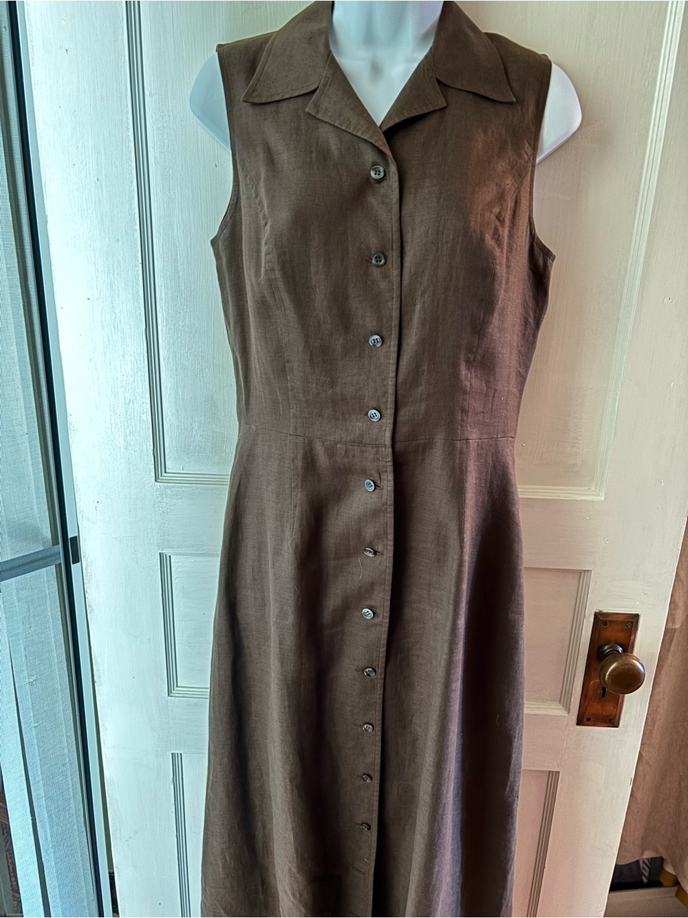 Sleeveless Brooks Brothers Brown Button-Front Linen Dress